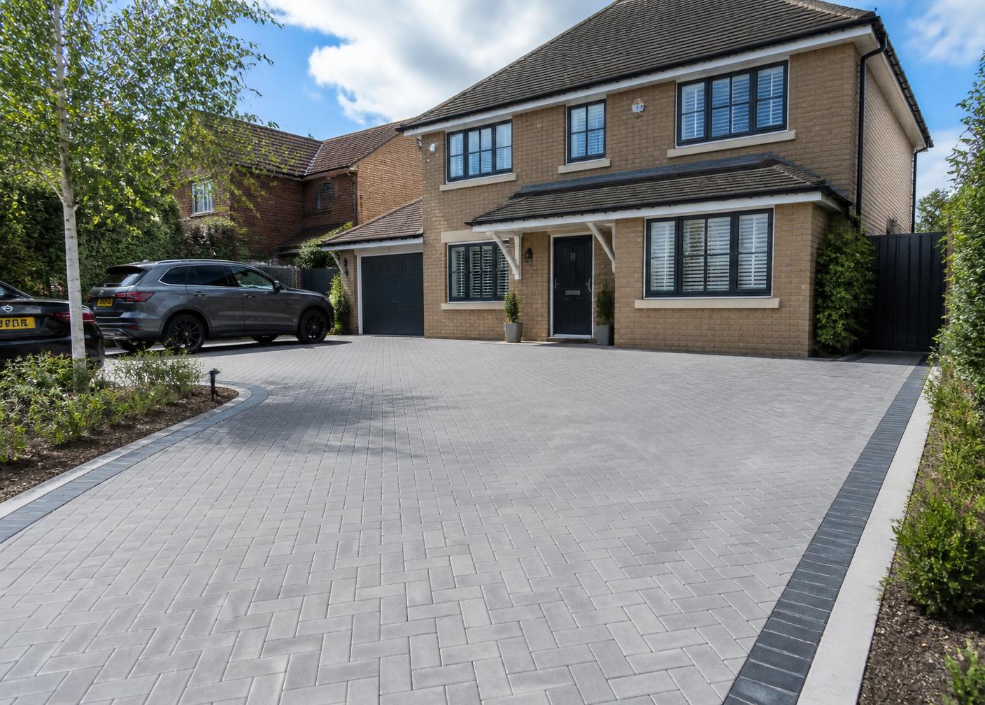 Newly finished block paved driveway in front of a home