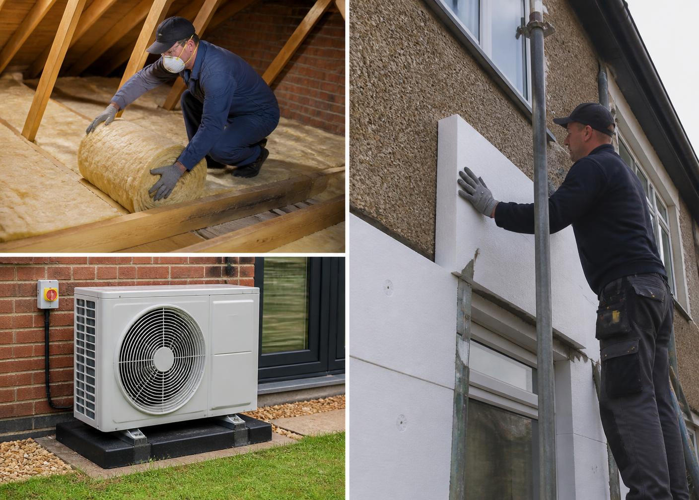 Installer fitting loft insulation and external wall insulation on a home