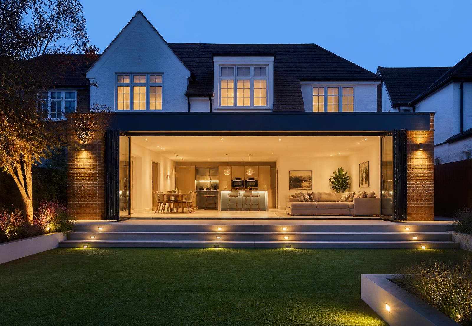 Completed glazed rear extension on a premium Dorset home lit up at dusk