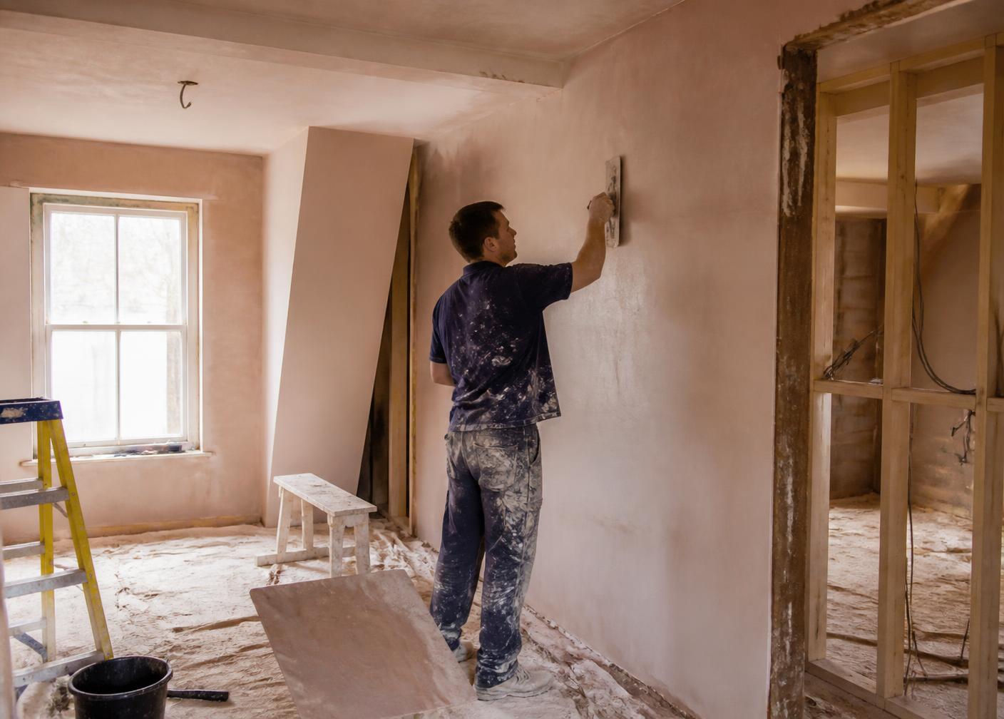Tradesman plastering a wall during a home renovation